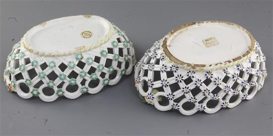 A pair of Derby botanical oval spectacle baskets, c.1760-5, l. 22cm
